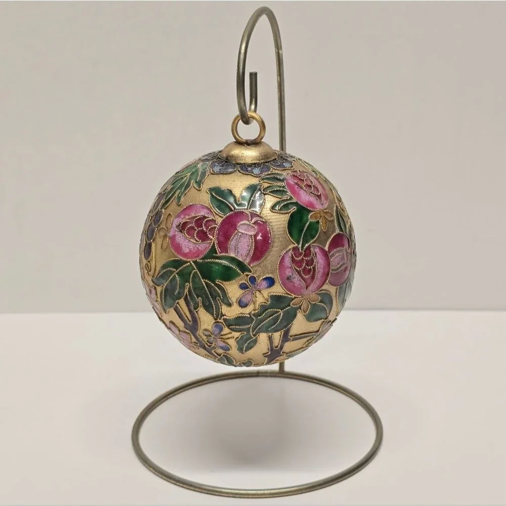 Vintage Floral Cloisonne Enameled Gold Ball Ornament With Stand Christmas Decor
